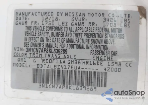 2019 Nissan Versa 1.6 Sv z USA, uszkodzony, nr VIN 3N1CN7AP8KL839289